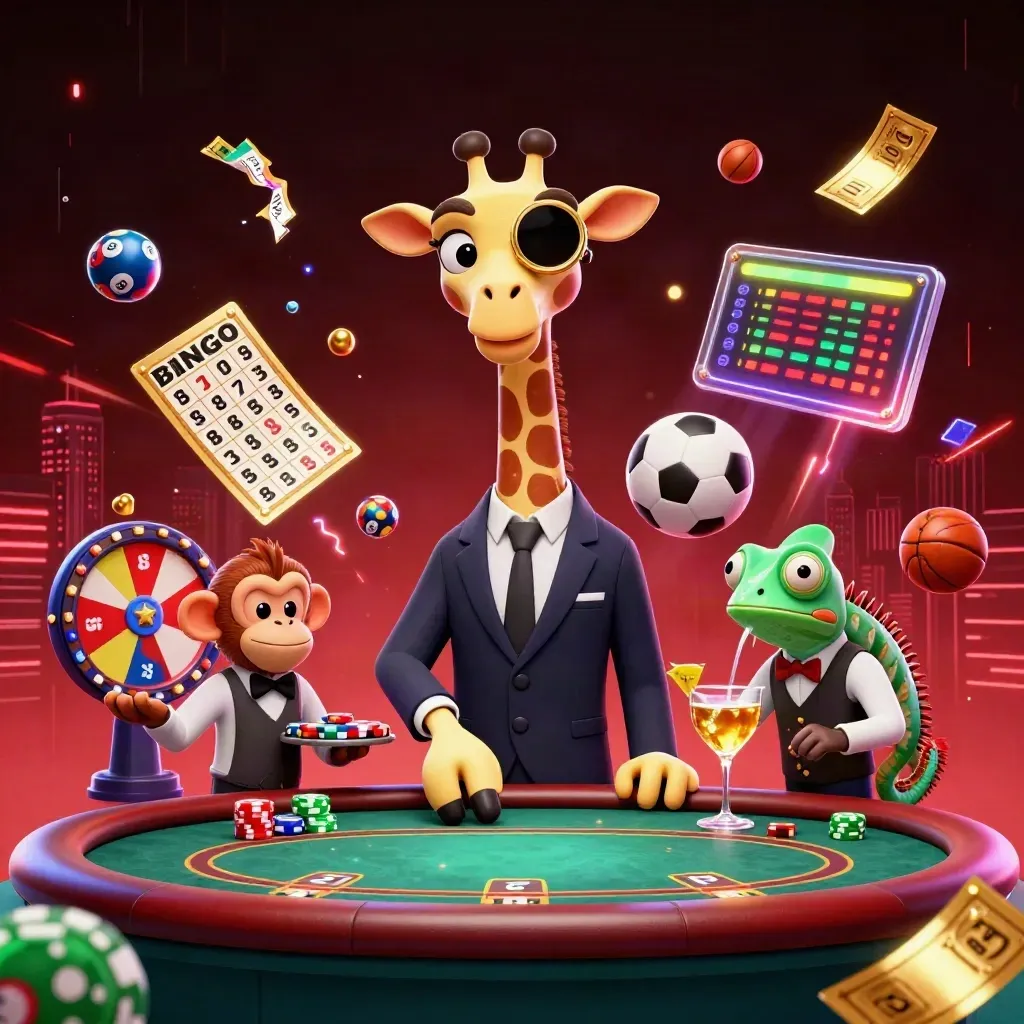 Giraffe, monkey and chameleon at a VIP poker table amid flying sports balls and casino lights