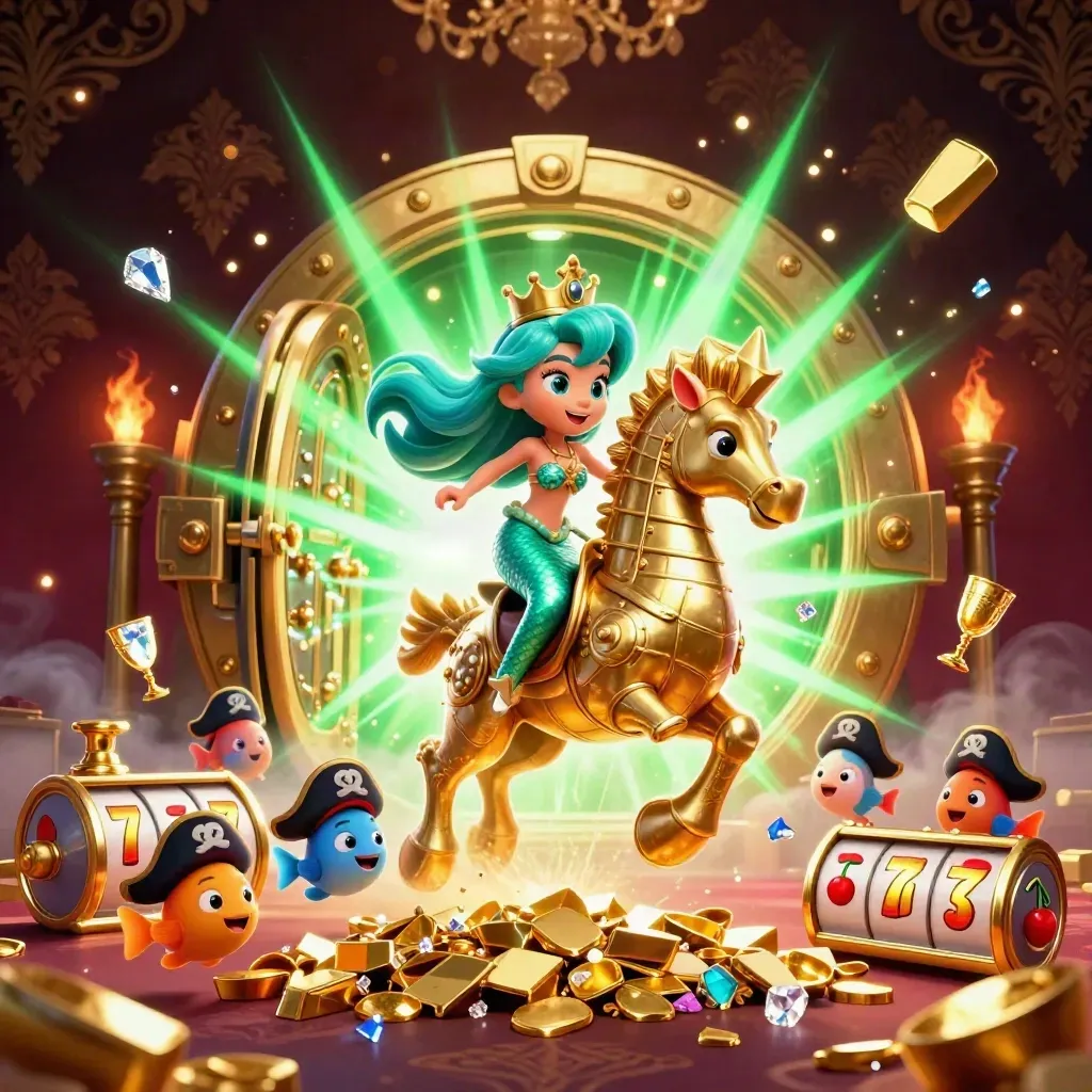 Mermaid princess rides armored seahorse as treasure bursts in neon casino fantasy.
