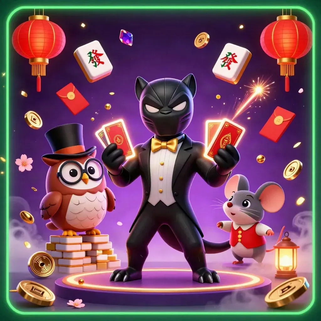 Black panther, owl and mouse amid casino magic, lanterns, coins and jade shards in neon green glow.
