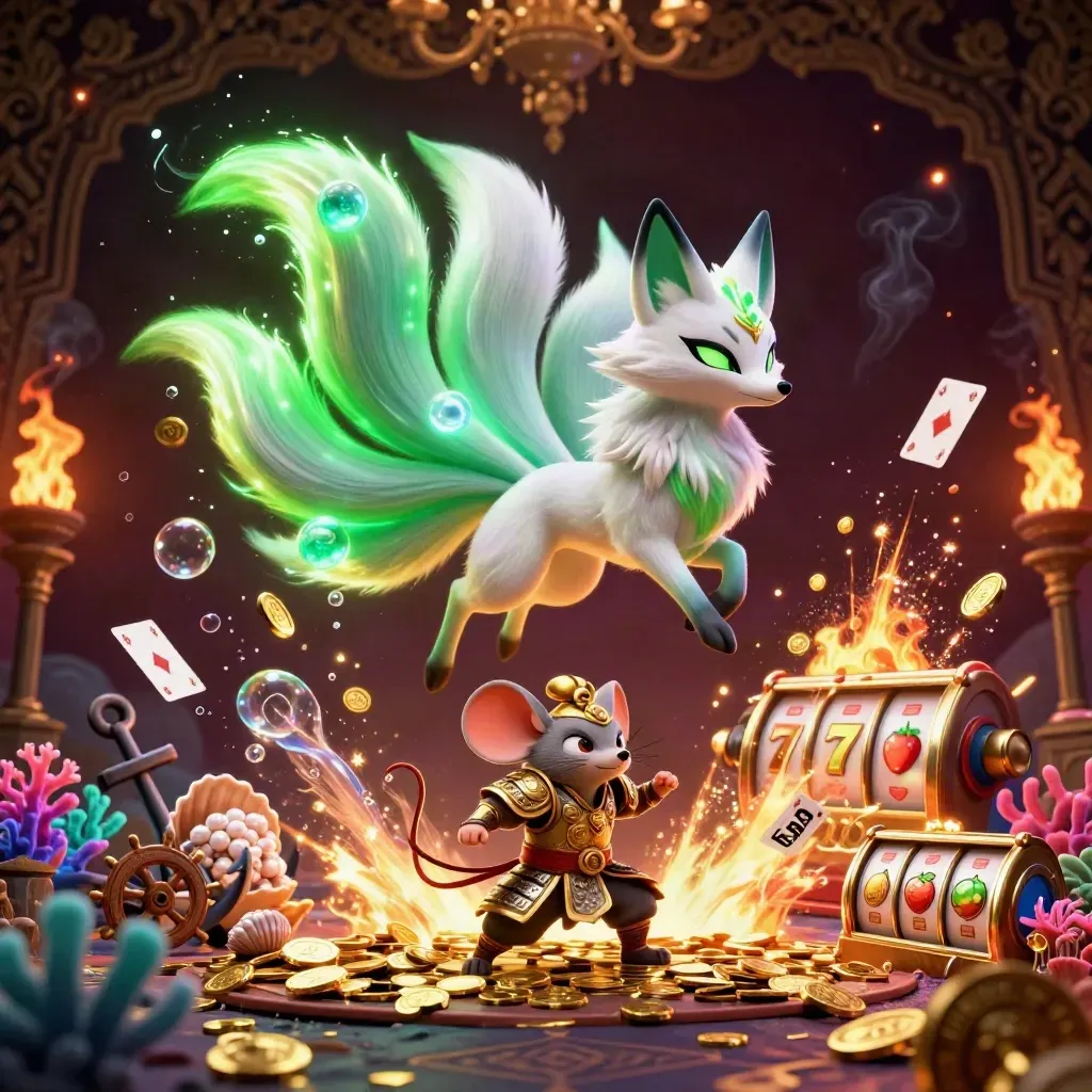 Neon fox spirit and armoured mouse amid treasure, coral, coins, and glowing casino effects
