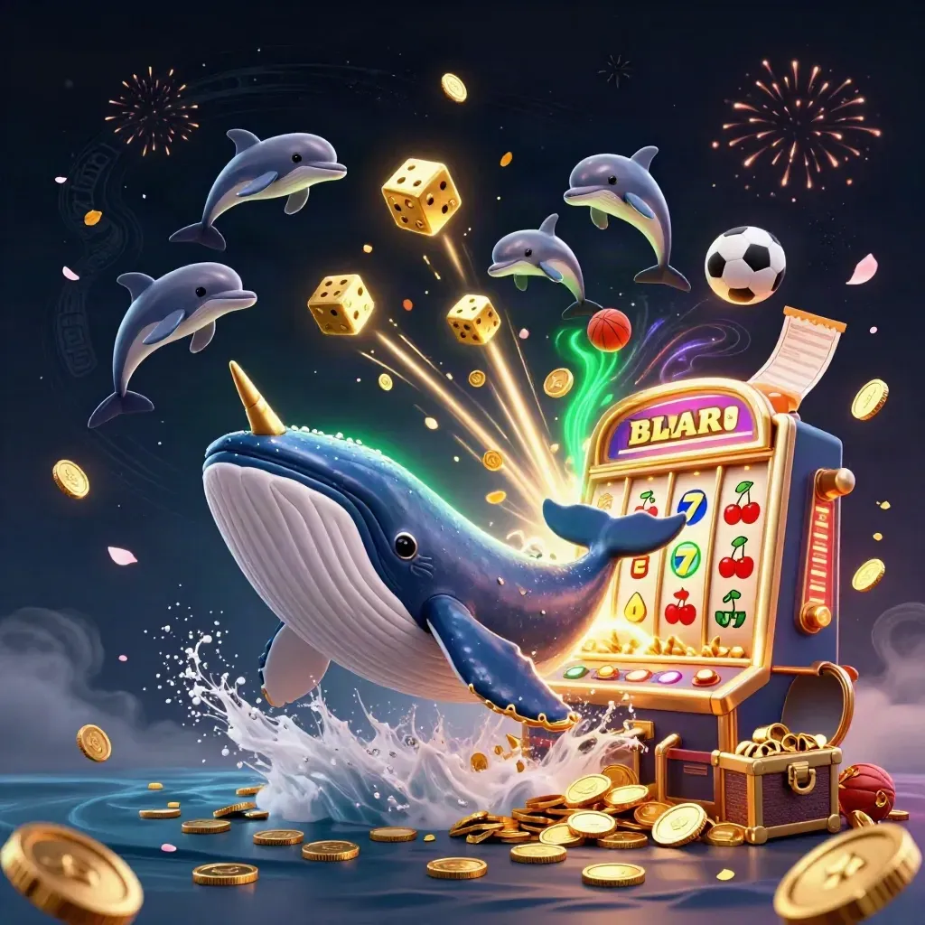 Whale captain, narwhal, dolphins, coins, slot machine burst, and sports icons in neon gold glow.