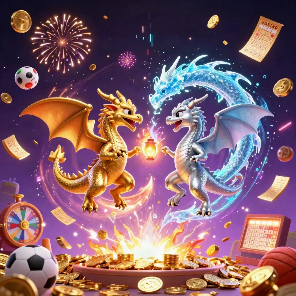 Twin dragons explode through casino treasures, coins, balls, fireworks, and neon energy.