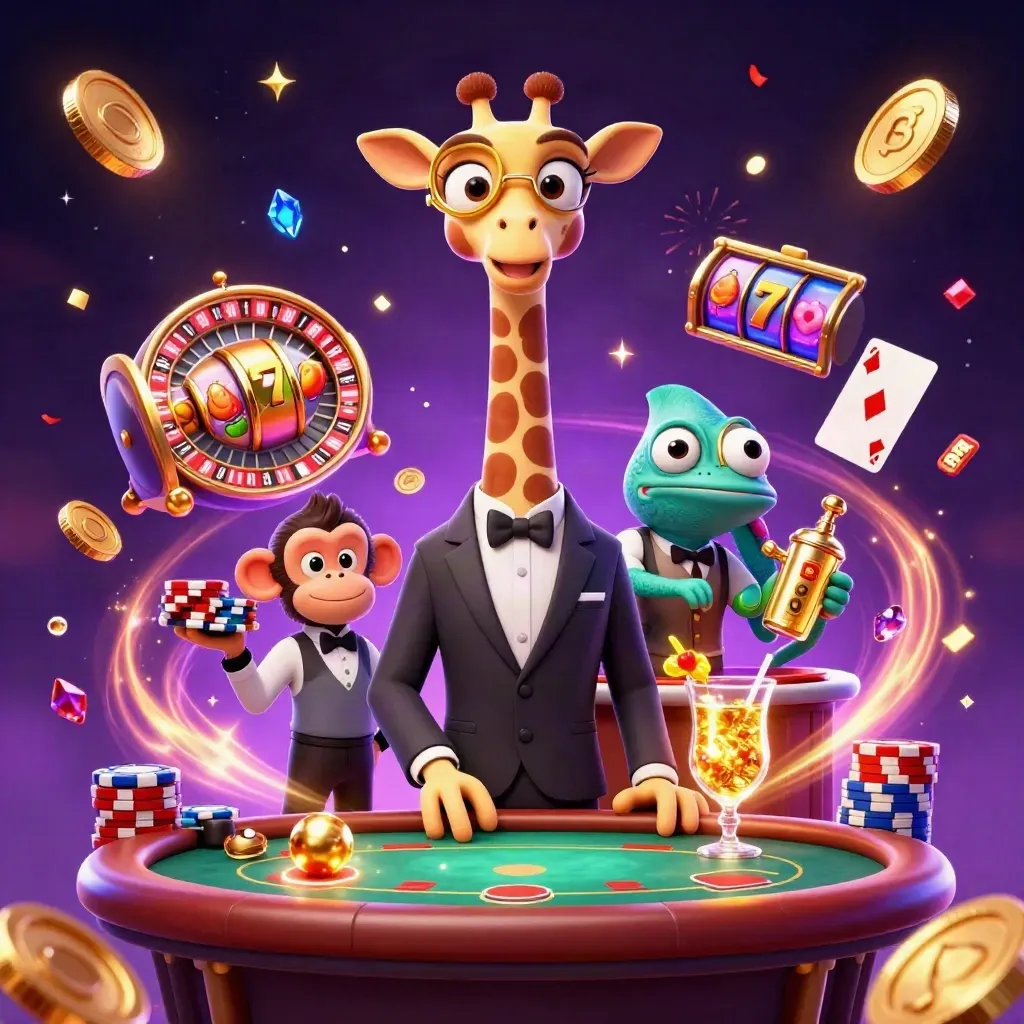 Giraffe, monkey, and chameleon casino trio amid coins, cards, chips, and glowing roulette.